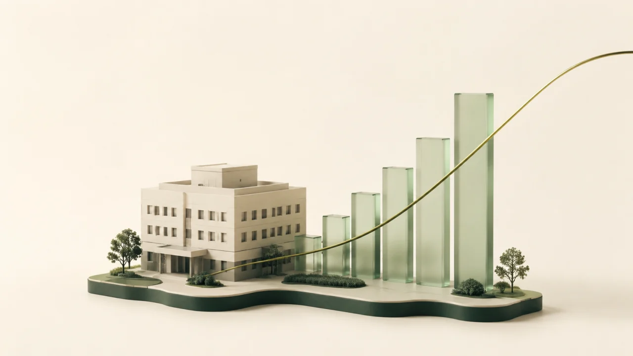 Concept illustration of a hospital beside green glass forecasting columns