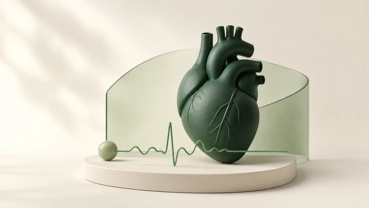 Concept illustration of a green heart sculpture and a patient monitoring signal
